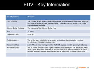 EDV - Key Information
EXTREME DIGITAL FUND | COMMERCIAL IN CONFIDENCE
Key Information Overview
Fund Structure The fund will be an Limited Partnership structure. As an Australian based fund, it will be
structured as an Early Stage Venture Capital Limited Partnership, subject to approval
from Innovation Australia.
Extreme Digital Ventures The manager of the Extreme Digital Fund
Term 10 years
Target Fund Size $50M AUD
Eligible Investors The fund is open to institutional, strategic, wholesale and sophisticated investors.
Investments will be as a limited partner.
Management Fee 2.5% of funds under management for the first five years, payable quarterly in advance.
Performance Fees 20% of profits. Initial available capital will be returned to LPs plus 6 % IRR hurdle. After
all LP capital is returned, there will be a 100% catch-up to the GP until an 80:20 split of
profits is achieved at which point that ratio will be maintained for further distributions.
29
 