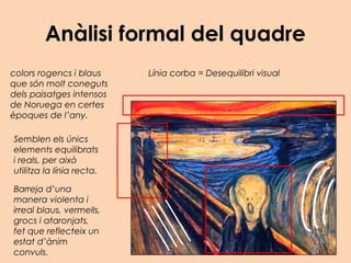 Anàlisi formal del quadre
Semblen els únics
elements equilibrats
i reals, per això
utilitza la línia recta.
colors rogencs i blaus
que són molt coneguts
dels paisatges intensos
de Noruega en certes
èpoques de l’any.
Barreja d’una
manera violenta i
irreal blaus, vermells,
grocs i ataronjats,
fet que reflecteix un
estat d’ànim
convuls.
Línia corba = Desequilibri visual
 