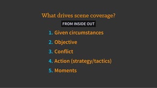 What drives scene coverage?
1. Given circumstances
2. Objective
3. Conflict
4. Action (strategy/tactics)
5. Moments
FROM INSIDE OUT
 