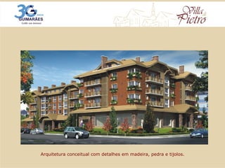 Arquitetura conceitual com detalhes em madeira, pedra e tijolos. 