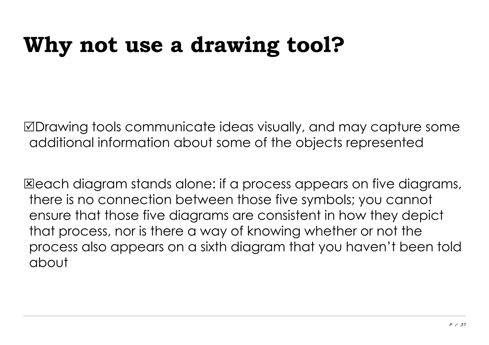 P / 37
Why not use a drawing tool?
Drawing tools communicate ideas visually, and may capture some
additional information about some of the objects represented
each diagram stands alone: if a process appears on five diagrams,
there is no connection between those five symbols; you cannot
ensure that those five diagrams are consistent in how they depict
that process, nor is there a way of knowing whether or not the
process also appears on a sixth diagram that you haven’t been told
about
 