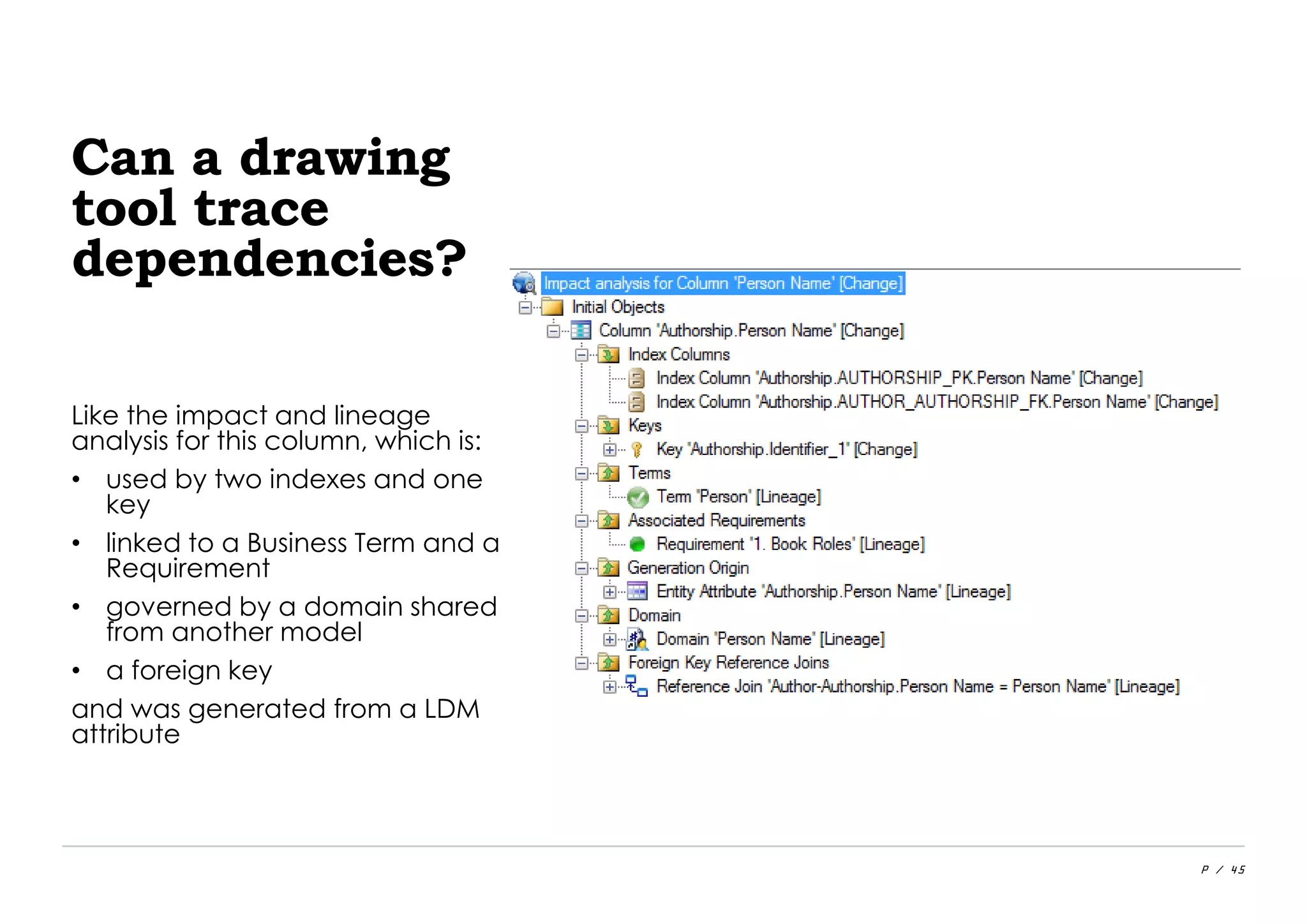 P / 45
Can a drawing
tool trace
dependencies?
Like the impact and lineage
analysis for this column, which is:
• used by two indexes and one
key
• linked to a Business Term and a
Requirement
• governed by a domain shared
from another model
• a foreign key
and was generated from a LDM
attribute
 