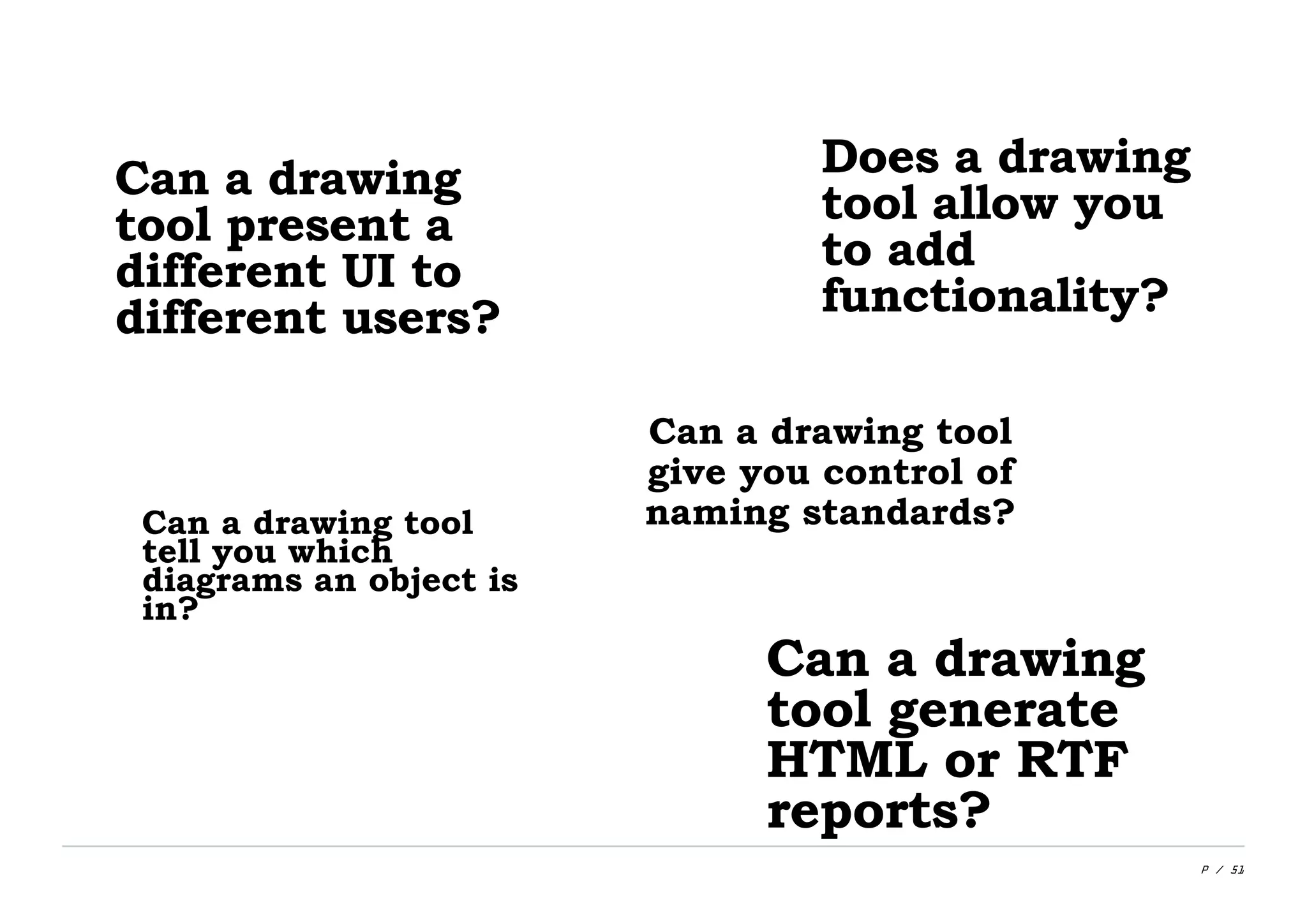 P / 51
Can a drawing
tool present a
different UI to
different users?
Can a drawing tool
give you control of
naming standards?Can a drawing tool
tell you which
diagrams an object is
in?
Does a drawing
tool allow you
to add
functionality?
Can a drawing
tool generate
HTML or RTF
reports?
 