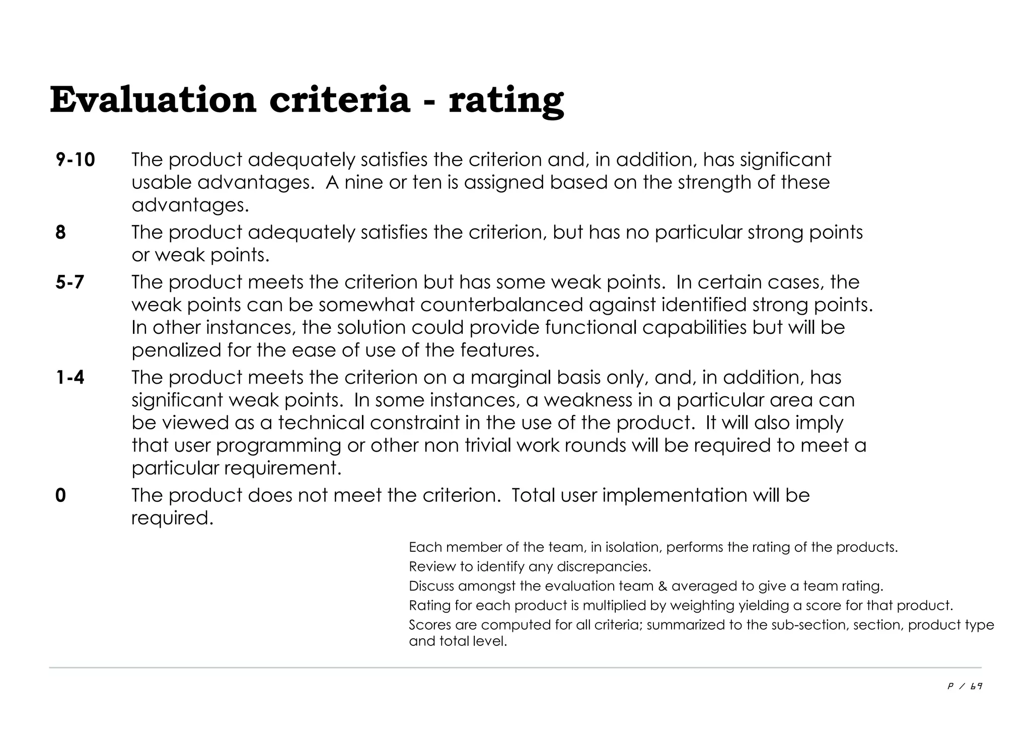 P / 69
Evaluation criteria - rating
9-10 The product adequately satisfies the criterion and, in addition, has significant
usable advantages. A nine or ten is assigned based on the strength of these
advantages.
8 The product adequately satisfies the criterion, but has no particular strong points
or weak points.
5-7 The product meets the criterion but has some weak points. In certain cases, the
weak points can be somewhat counterbalanced against identified strong points.
In other instances, the solution could provide functional capabilities but will be
penalized for the ease of use of the features.
1-4 The product meets the criterion on a marginal basis only, and, in addition, has
significant weak points. In some instances, a weakness in a particular area can
be viewed as a technical constraint in the use of the product. It will also imply
that user programming or other non trivial work rounds will be required to meet a
particular requirement.
0 The product does not meet the criterion. Total user implementation will be
required.
Each member of the team, in isolation, performs the rating of the products.
Review to identify any discrepancies.
Discuss amongst the evaluation team & averaged to give a team rating.
Rating for each product is multiplied by weighting yielding a score for that product.
Scores are computed for all criteria; summarized to the sub-section, section, product type
and total level.
 