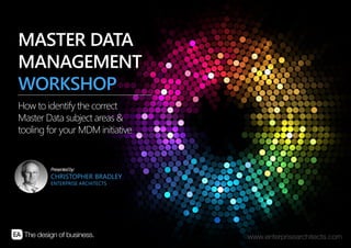 | MASTER DATA MANAGEMENT – STARTING YOUR MDM STRATEGY | ENTERPRISE ARCHITECTS © 201 41
How to identify the correct
Master Data subject areas &
tooling for your MDM initiative
MASTER DATA
MANAGEMENT
WORKSHOP
Presentedby:
CHRISTOPHER BRADLEY
ENTERPRISE ARCHITECTS
 