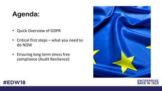 Agenda:
• Quick Overview of GDPR
• Critical first steps – what you need to
do NOW
• Ensuring long term stress free
compliance (Audit Resilience)
 