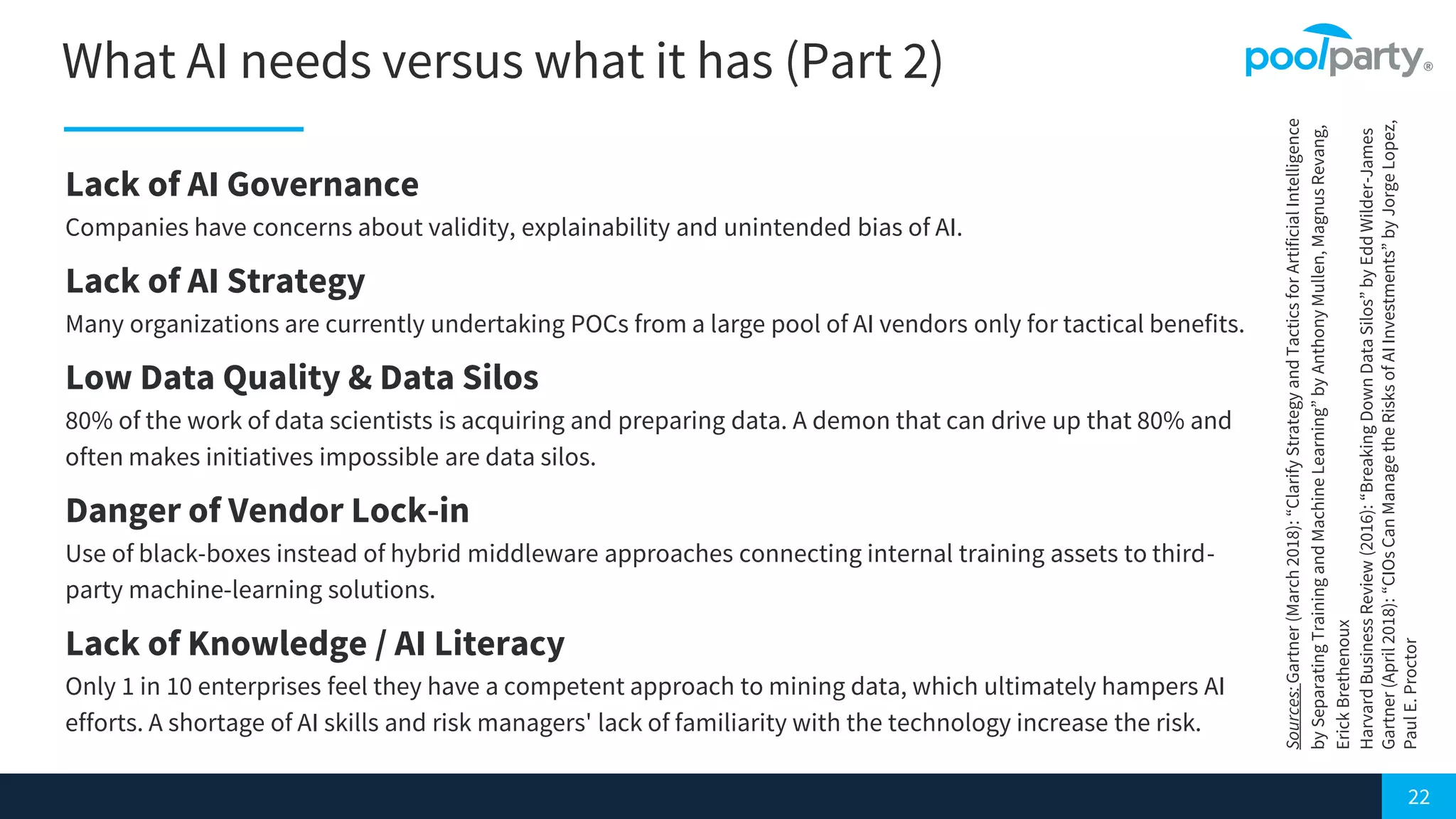 22
What AI needs versus what it has (Part 2)
Lack of AI Governance
Companies have concerns about validity, explainability and unintended bias of AI.
Lack of AI Strategy
Many organizations are currently undertaking POCs from a large pool of AI vendors only for tactical benefits.
Low Data Quality & Data Silos
80% of the work of data scientists is acquiring and preparing data. A demon that can drive up that 80% and
often makes initiatives impossible are data silos.
Danger of Vendor Lock-in
Use of black-boxes instead of hybrid middleware approaches connecting internal training assets to third-
party machine-learning solutions.
Lack of Knowledge / AI Literacy
Only 1 in 10 enterprises feel they have a competent approach to mining data, which ultimately hampers AI
efforts. A shortage of AI skills and risk managers' lack of familiarity with the technology increase the risk.
Sources:Gartner(March2018):“ClarifyStrategyandTacticsforArtificialIntelligence
bySeparatingTrainingandMachineLearning”byAnthonyMullen,MagnusRevang,
ErickBrethenoux
HarvardBusinessReview(2016):“BreakingDownDataSilos”byEddWilder-James
Gartner(April2018):“CIOsCanManagetheRisksofAIInvestments”byJorgeLopez,
PaulE.Proctor
 