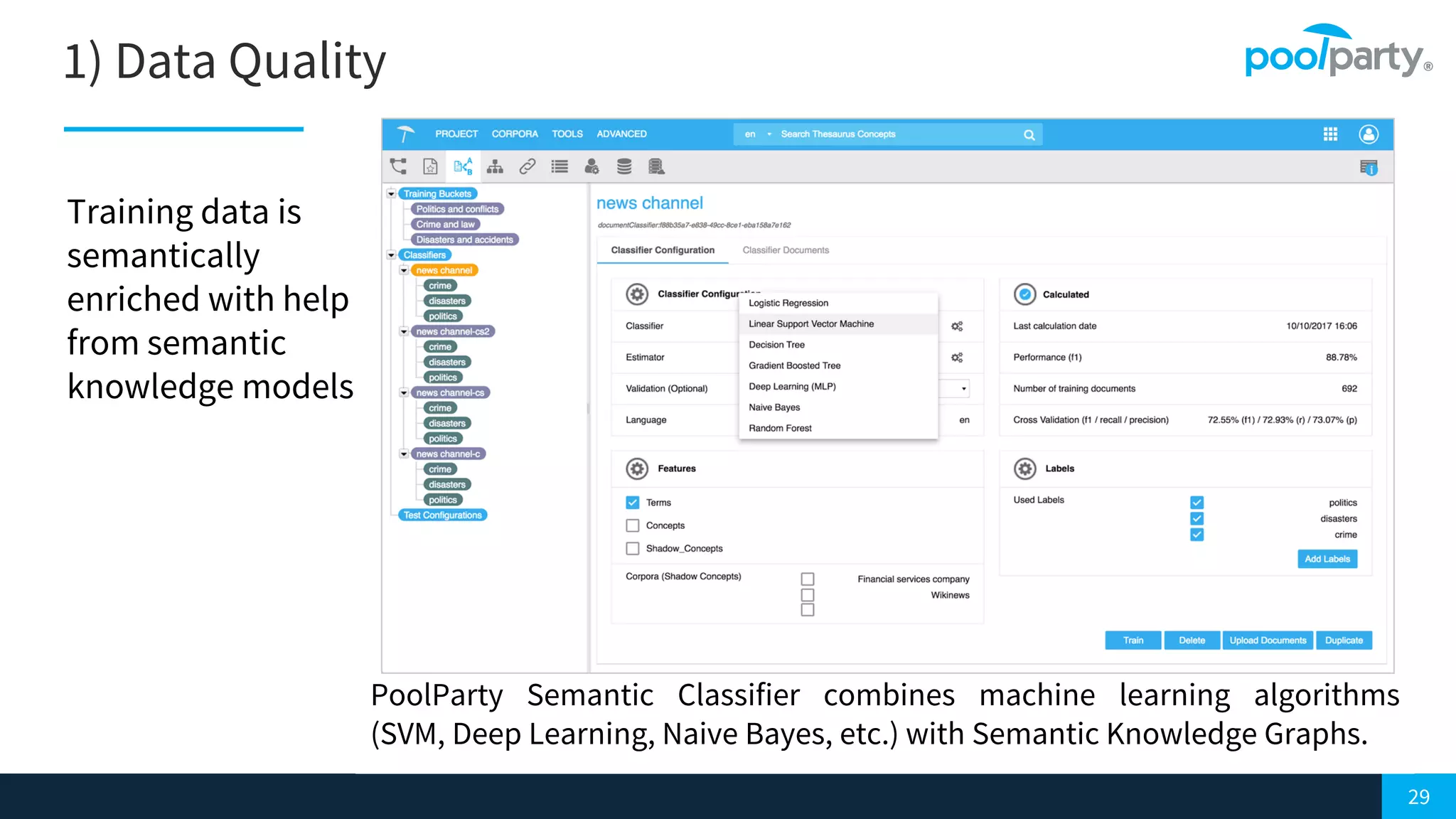 29
1) Data Quality
PoolParty Semantic Classifier combines machine learning algorithms
(SVM, Deep Learning, Naive Bayes, etc.) with Semantic Knowledge Graphs.
Training data is
semantically
enriched with help
from semantic
knowledge models
 