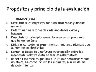 Propósitos y principio de la evaluación
BIGMAN (1961)
1. Descubrir si los objetivos han sido alcanzados y de que
manera
2. Determinar las razones de cada uno de los éxitos y
fracasos
3. Descubrir los principios que subyacen en un programa
que ha tenido éxito
4. Dirigir el curso de los experimentos mediante técnicas que
aumenten su efectividad
5. Sentar las Bases de una futura investigación sobre las
razones del relativo éxito de técnicas alternativas
6. Redefinir los medios que hay que utilizar para alcanzar los
objetivos, así como incluso las submetas, a la luz de los
descubrimientos
 