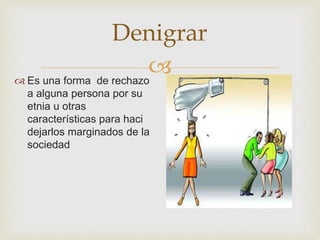 
Denigrar
 Es una forma de rechazo
a alguna persona por su
etnia u otras
características para haci
dejarlos marginados de la
sociedad
 