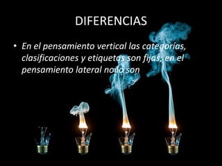 DIFERENCIAS
• En el pensamiento vertical las categorías,
  clasificaciones y etiquetas son fijas; en el
  pensamiento lateral no lo son
 