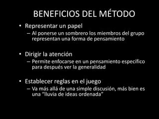 BENEFICIOS DEL MÉTODO
• Representar un papel
   – Al ponerse un sombrero los miembros del grupo
     representan una forma de pensamiento

• Dirigir la atención
   – Permite enfocarse en un pensamiento específico
     para después ver la generalidad

• Establecer reglas en el juego
   – Va más allá de una simple discusión, más bien es
     una “lluvia de ideas ordenada”
 