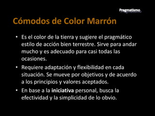 Cómodos de Color Marrón
• Es el color de la tierra y sugiere el pragmático
  estilo de acción bien terrestre. Sirve para andar
  mucho y es adecuado para casi todas las
  ocasiones.
• Requiere adaptación y flexibilidad en cada
  situación. Se mueve por objetivos y de acuerdo
  a los principios y valores aceptados.
• En base a la iniciativa personal, busca la
  efectividad y la simplicidad de lo obvio.
 