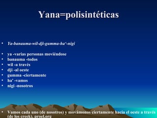 Yana=polisintéticas  Ya-banauma-wil-dji-gumma-ha‘-nigi ya -varias personas moviéndose  banauma -todos wil -a través  dji -al oeste gumma -ciertamente  ha' -vamos  nigi -nosotros Vamos cada uno (de nosotros) y movámonos ciertamente hacia el oeste a través (de los creek). proel.org 
