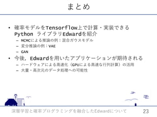 まとめ
• 確率モデルをTensorflow上で計算・実装できる
Python ライブラリEdwardを紹介
– MCMCによる推論の例：混合ガウスモデル
– 変分推論の例：VAE
– GAN
• 今後，Edwardを用いたアプリケーションが期待される
– ハードウェアによる高速化（GPUによる高速な行列計算）の活用
– 大量・高次元のデータ処理への可能性
深層学習と確率プログラミングを融合した についてEdward 23
 