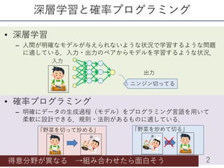 深層学習と確率プログラミング
• 深層学習
– 人間が明確なモデルが与えられないような状況で学習するような問題
に適している．入力・出力のペアからモデルを学習するような状況．
2
入力
出力
ニンジン切ってる
• 確率プログラミング
– 明確にデータの生成過程（モデル）をプログラミング言語を用いて
柔軟に設計できる．規則・法則があるものに適している．
「野菜を切って炒める」 「野菜を炒めて切る」
得意分野が異なる →組み合わせたら面白そう
 