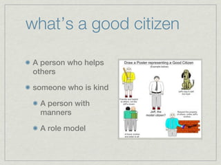 what’s a good citizen

A person who helps
others

someone who is kind

  A person with
  manners

  A role model
 