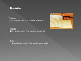Voz activa
Presente
Jim writes a letter. (Jim escribe una carta)
Pasado
Jim wrote a letter. (Jim escribio una carta)
Futuro
Jim will write a letter. (Jim escribira una carta)
 