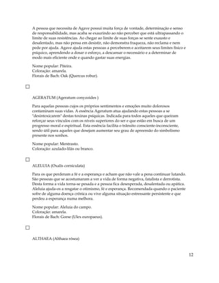 A pessoa que necessita de Agave possui muita força de vontade, determinação e senso
de responsabilidade, mas acaba se exaurindo ao não perceber que está ultrapassando o
limite de suas resistências. Ao chegar ao limite de suas forças se sente exausto e
desalentado, mas não pensa em desistir, não demonstra fraqueza, não reclama e nem
pede por ajuda. Agave ajuda estas pessoas a perceberem e aceitarem seus limites físico e
psíquico, aprendendo a dosar o esforço, a descansar o necessário e a determinar de
modo mais eficiente onde e quando gastar suas energias.
Nome popular: Piteira.
Coloração: amarela.
Florais de Bach: Oak (Quercus robur).
AGERATUM (Ageratum conyzoides )
Para aquelas pessoas cujos os próprios sentimentos e emoções muito dolorosos
contaminam suas vidas. A essência Ageratum atua ajudando estas pessoas a se
"desintoxicarem" destas toxinas psíquicas. Indicada para todos aqueles que queiram
reforçar seus vínculos com os níveis superiores do ser e que estão em busca de um
progresso moral e espiritual. Esta essência facilita o trânsito consciente-inconsciente,
sendo útil para aqueles que desejam aumentar seu grau de apreensão do simbolismo
presente nos sonhos.
Nome popular: Mentrasto.
Coloração: azulado-lilás ou branco.
ALELUIA (Oxalis corniculata)
Para os que perderam a fé e a esperança e acham que não vale a pena continuar lutando.
São pessoas que se acostumaram a ver a vida de forma negativa, fatalista e derrotista.
Desta forma a vida torna-se pesada e a pessoa fica desesperada, desalentada ou apática.
Aleluia ajuda-os a resgatar o otimismo, fé e esperança. Recomendada quando o paciente
sofre de alguma doença crônica ou vive alguma situação estressante persistente e que
perdeu a esperança numa melhora.
Nome popular: Aleluia do campo.
Coloração: amarela.
Florais de Bach: Gorse (Ulex europaeus).
ALTHAEA (Althaea rósea)
12
 