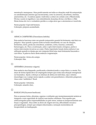 menstrual e menopausa. Atua positivamente em todas as situações onde há autopunição
ou autodestruição (mesmo que inconsciente), como na anorexia, alcoolismo, anemias,
amenorréias, etc. A essência ajuda o indivíduo a entrar em contato com a Misericórdia
Divina e assim re-significar o seu entendimento da justiça divina e do Bem e o Mal.
Desta forma ele vive o verdadeiro perdão e a culpa atroz que o atormentava é resolvida.
Nome popular: Cipó-mil-homens.
Coloração: púrpura-acastanhado.
ARNICA CAMPESTRE (Chionolaena latifolia)
Esta essência funciona como um grande restaurador quando há ferimento, seja físico ou
psíquico. Atua quando a pessoa sente-se ferida moralmente, no caso de choques,
ferimentos, dores, perda da consciência, acidentes, cortes, traumas, contusões,
hemorragias, etc. Para a cicatrização, antes e após intervenções cirúrgicas, partos e
outras intervenções invasivas ao corpo. Outra importante função desta essência é sua
utilização quando se deseja que um composto floral atue mais fortemente buscando a
cura física. A palavra chave desta essência é regeneração.
Nome popular: Arnica-do-campo.
Coloração: lilás.
ARTEMÍSIA (Artemisia vulgaris)
Esta essência atua limpando, purificando e desintoxicando o corpo físico e a mente. Por
atuar de forma rápida deve ser empregada sempre que exista uma situação emergencial
ou traumática. Ajuda a reforçar os sistemas de defesa do indivíduo, seja o sistema
imunológico ou o campo áurico (ajuda a acabar com parasitismos e obsessões psíquicas).
Atua como "antibiótico" floral.
Nome popular: Artemisia.
Coloração: amarelo claro.
BASILICUM (Ocymum basilicum)
Para as pessoas fortes, altruístas, seguras e confiantes que momentaneamente sentem-se
inseguras e sem capacidade de realizar suas tarefas cotidianas. Para aqueles que,
sobrecarregados pelas responsabilidades ou pelo stress, sentem-se temporariamente sem
forças e esgotados. Atua sobre as dores de origem nervosa, dificuldades sexuais e
psicopatologias, sempre que estejam relacionadas a sensação momentânea de
incapacidade ou inadequação.
14
 