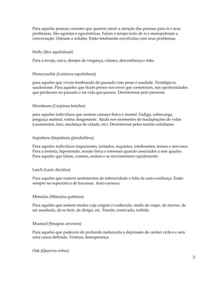 3
Para aquelas pessoas carentes que querem atrair a atenção das pessoas para si e seus
problemas. São egoístas e egocêntricas. Falam o tempo todo de si e monopolizam a
conversação. Odeiam a solidão. Estão totalmente envolvidas com seus problemas.
Holly (Ilex aquifolium)
Para a inveja, raiva, desejos de vingança, ciúmes, desconfiança e ódio.
Honeysuckle (Lonicera caprifolium)
para aqueles que vivem lembrando do passado com pesar e saudade. Nostálgicos,
saudosistas. Para aqueles que ficam presos nos erros que cometeram, nas oportunidades
que perderam no passado e na vida que passou. Desinteresse pelo presente.
Hornbeam (Carpinus betulus)
para aqueles indivíduos que sentem cansaço físico e mental. Fadiga, sobrecarga,
preguiça matinal, rotina desgastante. Ajuda nos momentos de readaptações de vidas
(casamentos, luto, mudança de cidade, etc). Desinteresse pelas tarefas cotidianas.
Impatiens (Impatiens glandulifera)
Para aqueles indivíduos impacientes, irritados, inquietos, intolerantes, tensos e nervosos.
Para a insônia, hipertensão, tensão física e estresses quando associados a este quadro.
Para aqueles que falam, comem, andam e se movimentam rapidamente.
Larch (Larix decidua)
Para aqueles que nutrem sentimentos de inferioridade e falta de auto-confiança. Estão
sempre na expectativa de fracassar. Auto-censura.
Mimulus (Mimulus guttatus)
Para aqueles que sentem medos cuja origem é conhecida: medo de viajar, de morrer, de
ser assaltado, de se ferir, de dirigir, etc. Tímido, reservado, inibido.
Mustard (Sinapsis arvensis)
Para aqueles que padecem de profunda melancolia e depressão de caráter cíclico e sem
uma causa definida. Tristeza, desesperança.
Oak (Quercus robur)
 