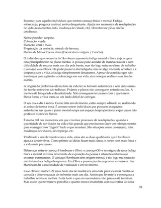 39
Resumo: para aqueles indivíduos que sentem cansaço físico e mental. Fadiga,
sobrecarga, preguiça matinal, rotina desgastante. Ajuda nos momentos de readaptações
de vidas (casamentos, luto, mudança de cidade, etc). Desinteresse pelas tarefas
cotidianas.
Nome popular: carpino.
Coloração: verde.
Floração: abril e maio.
Preparação da essência: método de fervura.
Florais de Minas: Foeniculum (Foeniculum vulgare / Funcho).
O indivíduo que necessita de Hornbeam apresenta fadiga mental e física cuja origem
está principalmente no plano mental. A pessoa pode acordar de manhã exausta e com
dificuldade de encarar mais um dia pela frente, mas tão logo entra no ritmo de trabalho
o cansaço vai embora. Ela pode passar o dia fadigada, mas se algo diferente acontece e a
desperta para a vida, a fadiga simplesmente desaparece. Apesar de acreditar que não
tem forças para agüentar a sobrecarga em sua vida, ela consegue realizar suas tarefas
diárias.
A origem do problema está no fato da vida ter se tornado automática e sem entusiasmo.
As tarefas rotineiras são tediosas. Projetos e planos não conseguem entusiasmá-los. A
mente está bloqueada e desvitalizada. Não conseguem ter prazer com o que fazem.
Desta forma a vida torna-se um fardo difícil de carregar.
O seu dia-a-dia é rotina. Como falta envolvimento, estão sempre adiando ou realizando
as coisas de forma lenta. É comum serem indivíduos que possuem ocupações
sedentárias nas quais o plano mental ocupa um espaço desproporcional e que quase não
praticam exercícios físicos.
É muito útil nos momentos em que vivemos processos de readaptações, quando a
quantidade de novidades na vida é tão grande que precisamos fazer um esforço enorme
para conseguirmos "digerir" tudo o que acontece. São situações como casamento, luto,
mudanças de cidades, de emprego, etc.
Vitalidade e envolvimento com a vida, estas são as duas qualidades que Hornbeam
ajuda a desenvolver. Como prêmio as idéias ficam mais claras, o corpo com mais força e
a vida mais prazerosa.
Diferenças entre o cansaço Hornbeam e Olive: o cansaço Olive se origina de uma fadiga
física e mental extrema decorrente da exposição da pessoa a situações internas ou
externas extenuantes. O cansaço Hornbeam tem origem mental, e tão logo sua situação
mental muda a fadiga desaparece. Em Olive a pessoa precisa regenerar e renascer. Em
Hornbeam há a necessidade de vitalidade e envolvimento.
Caso clínico: mulher, 29 anos, todo dia de manhã era uma luta para levantar. Sentia-se
cansada e desencorajada de enfrentar mais um dia. Assim que levantava e começava a
trabalhar sentia-se melhor. Fazia tudo o que era necessário e não parava até terminar.
Mas assim que terminava percebia o quanto estava insatisfeita com sua rotina de dona
 
