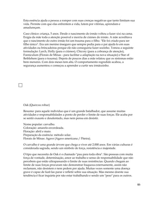 Esta essência ajuda a pessoa a romper com suas crenças negativas que tanto limitam sua
vida. Permite com que elas enfrentem a vida, lutem por vitórias, aprendam e
amadureçam.
Caso clínico: criança, 5 anos. Desde o nascimento do irmão voltou a fazer xixi na cama.
Exigia da mãe toda a atenção possível e morria de ciúmes do irmão. A mãe acreditava
que o nascimento do outro irmão foi um trauma para o filho. "Ele foi criado para ser
filho único". Era um menino inseguro que sempre pedia para o pai ajudá-lo em suas
atividades ou brincadeiras porque ele não conseguiria fazer sozinho. Tomou a seguinte
formulação: Larch, Holly (para o ciúmes), Chicory (para a cobrança de atenção),
Foeniculum (Florais de Minas - para facilitar a adaptação na nova situação) e Star of
Bethlehem (para o trauma). Depois de poucos dias a mãe relatou que os sintomas estão
bem menores. Com dois meses tem alta. O comportamento regredido acabou, a
segurança aumentou e começou a aprender a curtir seu irmãozinho.
Oak (Quercus robur)
Resumo: para aquele indivíduo que é um grande batalhador, que assume muitas
atividades e responsabilidades a ponto de perder o limite de suas forças. Ele acaba por
se sentir exausto e desalentado, mas nem pensa em desistir.
Nome popular: carvalho.
Coloração: amarelo-esverdeada.
Floração: abril e maio.
Preparação da essência: método solar.
Florais de Minas: Agave (Agave americana / Piteira).
O carvalho é uma grande árvore que chega a viver até 2.000 anos. Em várias culturas é
considerada sagrada, sendo um símbolo de força, resistência e majestade.
O tipo que necessita de Oak é o chamado "pau para toda obra". São pessoas com muita
força de vontade, determinação, amor ao trabalho e senso de responsabilidade que não
percebem que estão ultrapassando o limite de suas resistências. Quando chegam ao
limite de suas forças procuram não demonstrar fraqueza externamente, assim não
reclamam, não desistem e nem pedem por ajuda. Muitas vezes somente uma doença
grave é capaz de fazê-las parar e refletir sobre sua situação. Mas mesmo doente sua
tendência é ficar inquieta por não estar trabalhando e sendo um "peso" para os outros.
46
 