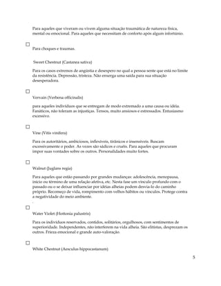 Para aqueles que viveram ou vivem alguma situação traumática de natureza física,
mental ou emocional. Para aqueles que necessitam de conforto após algum infortúnio.
Para choques e traumas.
Sweet Chestnut (Castanea sativa)
Para os casos extremos de angústia e desespero no qual a pessoa sente que está no limite
da resistência. Depressão, tristeza. Não enxerga uma saída para sua situação
desesperadora.
Vervain (Verbena officinalis)
para aqueles indivíduos que se entregam de modo extremado a uma causa ou idéia.
Fanáticos, não toleram as injustiças. Tensos, muito ansiosos e estressados. Entusiasmo
excessivo.
Vine (Vitis vinifera)
Para os autoritários, ambiciosos, inflexíveis, tirânicos e insensíveis. Buscam
excessivamente o poder. As vezes são sádicos e cruéis. Para aqueles que procuram
impor suas vontades sobre os outros. Personalidades muito fortes.
Walnut (Juglans regia)
Para aqueles que estão passando por grandes mudanças: adolescência, menopausa,
início ou término de uma relação afetiva, etc. Nesta fase um vínculo profundo com o
passado ou o se deixar influenciar por idéias alheias podem desvia-lo do caminho
próprio. Recomeço de vida, rompimento com velhos hábitos ou vínculos. Protege contra
a negatividade do meio ambiente.
.
Water Violet (Hottonia palustris)
Para os indivíduos reservados, contidos, solitários, orgulhosos, com sentimentos de
superioridade. Independentes, não interferem na vida alheia. São elitistas, desprezam os
outros. Frieza emocional e grande auto-valoração.
White Chestnut (Aesculus hippocastanum)
5
 