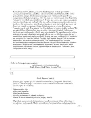 Caso clínico: mulher, 22 anos, estudante. Relatou que era com ela que sempre
aconteciam os problemas. Acreditava ser uma azarada. Não tinha namorado. Tinha
pouquíssimos amigos. Mostrava rancor das pessoas, principalmente quando suas
colegas de escola faziam programas entre elas e ela não era convidada: "mas da próxima
vez que for convidada também não vou...". Relatou que sempre que era convidada para
sair com elas o lugar não era legal, o dia não era bom e as pessoas que iam não eram as
melhores. Ou seja, colocava tanto defeito e ficava com tanta má vontade que nunca era
bom nem para ela nem para as colegas. Criticava muito as pessoas. Era egoísta,
"ninguém me dá nada de graça e eu vou ficar ajudando os outros... de jeito nenhum." Foi
prescrito Willow, Chestnut Bud (para aprender com as experiências), Walnut (para
facilitar a sua transformação) e Beech (para a intolerância). Na segunda consulta relatou
que estava fazendo esforço para ser agradável, mas que era difícil por causa dos seu
negativismo (que começou a incomodá-la). Relatou que todo problema ficava bem maior
na sua cabeça. Foi prescrito Willow, Chestnut Bud, Walnut, Beech e Crab Apple (para
desenvolver um senso de proporção justo). Com pequenas alterações esta foi a
formulação que tomou por mais 9 meses. Durante este período pode perceber o quanto
era egoísta e desagradável com as pessoas. Aprendeu a ter uma convivência social
harmoniosa e com isto seu vínculo com as colegas se transformou. Passou a ter mais
amigos e a ser mais amiga.
Essências Florais para a preocupação
excessiva com o bem estar dos outros
Beech; Chicory; Rock Water; Vervain; Vine.
Beech (Fagus sylvatica)
Resumo: para aqueles que são demasiadamente críticos, arrogantes, intolerantes,
racistas. Costumam julgar e condenar os outros. Irritam-se facilmente com hábitos,
manias e jeito de ser alheios.
Nome popular: faia.
Coloração: vermelha.
Floração: abril e maio.
Preparação da essência: método de fervura.
Florais de Minas: Mirabilis (Mirabilis jalapa / Bonina).
O perfil de quem necessita desta essência é aquela pessoa cuja crítica, intolerância e
arrogância é muito grande. Muitos a consideram "ranzinza", chata, ranheta, petulante,
52
 