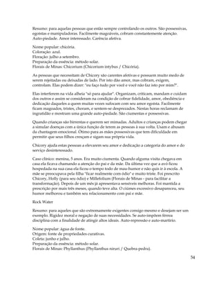 54
Resumo: para aquelas pessoas que estão sempre controlando os outros. São possessivas,
egoístas e manipuladoras. Facilmente magoáveis, cobram constantemente atenção.
Auto-piedade. Amor interessado. Carência afetiva.
Nome popular: chicória.
Coloração: azul.
Floração: julho a setembro.
Preparação da essência: método solar.
Florais de Minas: Chicorium (Chicorium intybus / Chicória).
As pessoas que necessitam de Chicory são carentes afetivas e possuem muito medo de
serem rejeitadas ou deixadas de lado. Por isto dão amor, mas cobram, exigem,
controlam. Elas podem dizer: "eu faço tudo por você e você não faz isto por mim?".
Elas interferem na vida alheia "só para ajudar". Organizam, criticam, mandam e cuidam
dos outros e assim se consideram na condição de cobrar fidelidade, amor, obediência e
dedicação daqueles a quem muitas vezes sufocam com seu amor egoísta. Facilmente
ficam magoados, tristes, choram, e sentem-se desprezados. Nestas horas reclamam de
ingratidão e mostram uma grande auto-piedade. São ciumentas e possessivas.
Quando crianças são birrentas e querem ser mimadas. Adultos e crianças podem chegar
a simular doenças com a única função de terem as pessoas à sua volta. Usam e abusam
da chantagem emocional. Ótimo para as mães possessivas que tem dificuldade em
permitir que seus filhos cresçam e sigam sua própria vida.
Chicory ajuda estas pessoas a elevarem seu amor e dedicação a categoria do amor e do
serviço desinteressado.
Caso clínico: menina, 5 anos. Era muito ciumenta. Quando alguma visita chegava em
casa ela ficava chamando a atenção do pai e da mãe. Da última vez que a avó ficou
hospedada na sua casa ela ficou o tempo todo de mau-humor e não quis ir à escola. A
mãe se preocupava pela filha "ficar realmente com ódio" e muito triste. Foi prescrito
Chicory, Holly (para seu ódio) e Millefolium (Florais de Minas - para facilitar a
transformação). Depois de um mês já apresentava sensíveis melhoras. Foi mantida a
prescrição por mais três meses, quando teve alta. O ciúmes excessivo desapareceu, seu
humor melhorou e também seu relacionamento com pai e mãe.
Rock Water
Resumo: para aqueles que são extremamente exigentes consigo mesmo e desejam ser um
exemplo. Rigidez moral e negação de suas necessidades. Se auto-impõem férrea
disciplina com a finalidade de atingir altos ideais. Auto-repressão e auto-martírio.
Nome popular: água de fonte.
Origem: fonte de propriedades curativas.
Coleta: junho e julho.
Preparação da essência: método solar.
Florais de Minas: Phyllanthus (Phyllanthus niruri / Quebra-pedra).
 