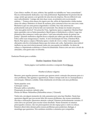 58
Caso clínico: mulher, 41 anos, solteira. Seu apelido no trabalho era "meu comandante".
Ela era extremamente dedicada a sua vida profissional. Rapidamente foi promovida de
cargo, sendo que passou a ser gerente de uma área da empresa. Ela era inflexível com
seus subordinados: "comigo não tem duas vezes, no primeiro erro eu já mando
embora...". Fumava dois maços de cigarro por dia, sofria de hipertensão e tinha muitas
dores de cabeça. Detestava os finais de semana, pois costumava ficar em casa com a mãe.
Reclamava que era uma pessoa angustiada e sozinha. Sua vida amorosa era
praticamente nula pois só havia tido um namorado. Seu desejo era mudar um pouco
"este meu gênio terrível". Foi prescrito Vine, Agrimony (para a angústia), Chestnut Bud
(para aprender com as lições passadas) e Beech (para a intolerância e crítica). Logo nos
primeiros dias começou a notar que estava "com uma estranha mania de pensar em
justiça". Quando maltratava alguém ficava culpada por saber que não tinha sido justa.
Falou sobre suas inseguranças e medos. A nova formulação foi Vine, Chestnut Bud,
Beech, Pine (para a culpa) e Mimulus (para o medo de viver a vida). Com pequenas
alterações esta foi a formulação básica que ela tomou até a alta. Apresentou uma notável
melhora na sua convivência pessoal, tanto em casa quanto no trabalho. As dores de
cabeça e a hipertensão acabaram e o fumo foi diminuído. Estava com um novo círculo de
amizades, com quem saía e se divertia.
Essências Florais para a solidão.
Heather; Impatiens; Water Violet
Nesta página você também encontra o composto floral Rescue.
Heather (Calluna vulgaris)
Resumo: para aquelas pessoas carentes que querem atrair a atenção das pessoas para si e
seus problemas. São egoístas e egocêntricas. Falam o tempo todo de si e monopolizam a
conversação. Odeiam a solidão. Estão totalmente envolvidas com seus problemas.
Nome popular: urze.
Coloração: malva.
Floração: julho a setembro.
Preparação da essência: método solar.
Florais de Minas: Helianthus (Helianthus anuus / Girassol).
Todos nós, em algum momento da vida, passamos por uma fase Heather. Nesta fase
queremos alguém que nos escute falar dos nossos problemas, das nossas ansiedades,
dúvidas e realizações. Queremos atenção e afeição. Estamos profundamente carentes. O
outro deve ser paciente para escutar nosso desabafo. Neste momento só estamos
preocupados conosco, não nos preocupamos em dar espaço para o outro se colocar.
Estamos absorvidos demais pelos nossos problemas para podermos dialogar, é
monólogo que queremos. Nos sentimos sozinhos e ansiamos por companhia.
 
