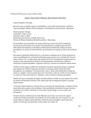 63
Essências Florais para os que sentem medo
Aspen; Cherry Plum; Mimulus; Red Chestnut; Rock Rose.
Aspen (Populus Tremula)
Resumo: para os medos vagos ou indefinidos, como medo de fantasmas, espíritos e
maus presságios. Medos do desconhecido e de fenômenos paranormais. Apreensão.
Nome popular: choupo.
Coloração: verde e cinza.
Floração: março e abril.
Preparação da essência: método de fervura.
Florais de Minas: Passiflora (Passiflora edulis / Maracujá).
Os indivíduos que necessitam de Aspen sofrem por terem uma forte ansiedade
inconsciente que inunda suas mentes com pensamentos e imagens que eles tem
dificuldade de entender ou identificar. Desta tensão mental tem origem os maus-
presságios e os medos do desconhecido, de fantasmas, de espíritos, medos de crendices,
etc.
São pessoas altamente influenciáveis e com pouca confiança em si. Ficam apreensivos
com a possibilidade de ocorrerem fenômenos paranormais, com a opinião de "bruxos"
sobre o futuro, etc. A maior parte tem estórias incríveis de fenômenos paranormais ou
esotéricos que presenciaram. Sentem-se profundamente atraídas por ocultismo,
esoterismo e paranormalidade. Algumas, inclusive, tornam-se estudiosos destes temas.
Podem ocorrer ataques súbitos de ansiedade ou grande apreensão porque imaginam
que algum mal iminente está para acontecer ou porque sentem medo de serem
perseguidos ou castigados. Na maioria das vezes o medo está relacionado à idéias de
morte ou religião. A pessoa pode descrever este medo como um "medo de dar calafrios"
ou como um "terror de suar frio". Durante o sono é comum acontecer pesadelos.
Muitos dos que necessitam de Aspen tem dificuldade em falar de seus medos com receio
de serem considerados ridículos. Eles sabem que não conseguirão explicar o porque
destes medos.
A essência Aspen ajuda-os a desenvolver os conceitos de determinação, coragem e fé tão
necessários para superar este problema. Estas qualidades permitem com que a pessoa
confronte seus medos e derrote-os. Pois onde o medo chega, se a fé o recebe, ele
desaparece.
O medo Aspen se diferencia do medo Mimulus pois este é um medo de origem
conhecida: medo de elevador, de acidente, de ser mordido por um cachorro, etc. No
medo Aspen a origem é desconhecida: medo de maus-presságios, apreensões sem
motivos, medo que um fantasma venha roubar seu corpo, etc.
 