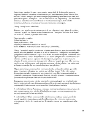 64
Caso clínico: menina, 10 anos, começou a ter medo do E. T. de Varginha aparecer
enquanto dormia e aproveitar este momento para levá-la embora para o mundo dele.
Era uma criança insegura que estava sempre perguntando para a mãe o que fazer. Foi
prescrito Aspen e Cerato (para a falta de confiança no seu julgamento). Com três meses
de uso da fórmula acabou o medo e ela se mostrava mais segura. Este fato foi
comentado, inclusive, pelas suas professoras na reunião com os pais.
Cherry Plum (Prunus cerasifera)
Resumo: para aqueles que sentem-se perto de um colapso nervoso. Medo de perder o
controle e agredir a si mesmo ou aos entes queridos. Desespero. Medo de ficar "louco"
ou "explodir". Súbitas explosões emocionais.
Nome popular: cerejeira.
Coloração: branca.
Floração: fevereiro a abril.
Preparação da essência: método de fervura.
Floral de Minas: Psidium (Psidium virescens / Gabirobeira).
Cherry Plum ajuda aqueles que temem perder o controle sobre seus atos e atitudes. Eles
temem pelo que possa vir a acontecer se isto se concretizar. Uma pessoa em desespero,
que perde o controle sobre si, é capaz de se matar ou de matar alguém. Eles sabem disto
e pressentem que o limite de resistência de sua mente está próximo. Normalmente esta
situação acontece quando a pessoa está desesperada, deprimida ou passando por
situação de muito sofrimento. Uma paciente relata que "depois que meu filho morreu,
nas horas que a tristeza vem mais forte, eu penso que a única solução é me matar para
acabar com essa dor. Eu tenho medo de acabar fazendo isto...".
Alguns pacientes podem se definir como uma bomba ambulante, relatam que estão
quase perdendo a cabeça ou que sentem que vão ficar loucos. Todos estes termos
demonstram que eles temem sofrer um colapso nervoso. Eles temem mais ainda as
consequências que este fato pode gerar: loucura, suicídio, agressão a entes queridos ou
pessoas que são próximas e várias outras coisas terríveis.
Estas pessoa também estão sujeitas a explosões emocionais, pois seu nível de tensão
interior está muito elevado. Crianças que fazem birra são particularmente auxiliadas por
esta essência. Para a enurese noturna também é indicada esta essência.
A essência floral Cherry Plum ajuda a pessoa a enfrentar as situações mais adversas da
vida com coragem e força interior. O indivíduo aprende a superar estes momentos
terríveis com consciência e serenidade.
A essência Cherry Plum combate medos interiores (ex: medo da loucura, medo de
agredir alguém), no caso da essência Rock Rose os medos extremos, pânico, estão
projetados no exterior (ex: medo terrível de elevador ou que um assassino venha lhe
matar).
 