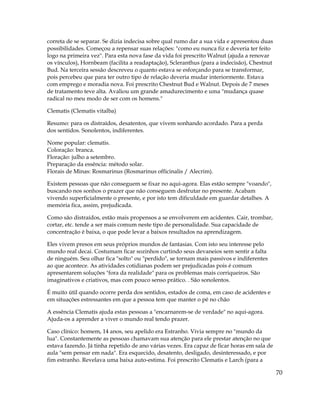 70
correta de se separar. Se dizia indecisa sobre qual rumo dar a sua vida e apresentou duas
possibilidades. Começou a repensar suas relações: "como eu nunca fiz e deveria ter feito
logo na primeira vez". Para esta nova fase da vida foi prescrito Walnut (ajuda a renovar
os vínculos), Hornbeam (facilita a readaptação), Scleranthus (para a indecisão), Chestnut
Bud. Na terceira sessão descreveu o quanto estava se esforçando para se transformar,
pois percebeu que para ter outro tipo de relação deveria mudar interiormente. Estava
com emprego e moradia nova. Foi prescrito Chestnut Bud e Walnut. Depois de 7 meses
de tratamento teve alta. Avaliou um grande amadurecimento e uma "mudança quase
radical no meu modo de ser com os homens."
Clematis (Clematis vitalba)
Resumo: para os distraídos, desatentos, que vivem sonhando acordado. Para a perda
dos sentidos. Sonolentos, indiferentes.
Nome popular: clematis.
Coloração: branca.
Floração: julho a setembro.
Preparação da essência: método solar.
Florais de Minas: Rosmarinus (Rosmarinus officinalis / Alecrim).
Existem pessoas que não conseguem se fixar no aqui-agora. Elas estão sempre "voando",
buscando nos sonhos o prazer que não conseguem desfrutar no presente. Acabam
vivendo superficialmente o presente, e por isto tem dificuldade em guardar detalhes. A
memória fica, assim, prejudicada.
Como são distraídos, estão mais propensos a se envolverem em acidentes. Cair, trombar,
cortar, etc. tende a ser mais comum neste tipo de personalidade. Sua capacidade de
concentração é baixa, o que pode levar a baixos resultados na aprendizagem.
Eles vivem presos em seus próprios mundos de fantasias. Com isto seu interesse pelo
mundo real decai. Costumam ficar sozinhos curtindo seus devaneios sem sentir a falta
de ninguém. Seu olhar fica "solto" ou "perdido", se tornam mais passivos e indiferentes
ao que acontece. As atividades cotidianas podem ser prejudicadas pois é comum
apresentarem soluções "fora da realidade" para os problemas mais corriqueiros. São
imaginativos e criativos, mas com pouco senso prático. . São sonolentos.
É muito útil quando ocorre perda dos sentidos, estados de coma, em caso de acidentes e
em situações estressantes em que a pessoa tem que manter o pé no chão
A essência Clematis ajuda estas pessoas a "encarnarem-se de verdade" no aqui-agora.
Ajuda-os a aprender a viver o mundo real tendo prazer.
Caso clínico: homem, 14 anos, seu apelido era Estranho. Vivia sempre no "mundo da
lua". Constantemente as pessoas chamavam sua atenção para ele prestar atenção no que
estava fazendo. Já tinha repetido de ano várias vezes. Era capaz de ficar horas em sala de
aula "sem pensar em nada". Era esquecido, desatento, desligado, desinteressado, e por
fim estranho. Revelava uma baixa auto-estima. Foi prescrito Clematis e Larch (para a
 