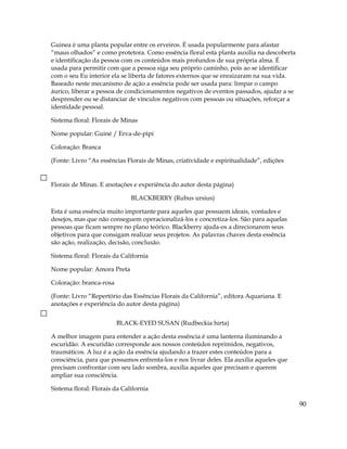 Guinea é uma planta popular entre os erveiros. É usada popularmente para afastar
“maus olhados” e como protetora. Como essência floral esta planta auxilia na descoberta
e identificação da pessoa com os conteúdos mais profundos de sua própria alma. É
usada para permitir com que a pessoa siga seu próprio caminho, pois ao se identificar
com o seu Eu interior ela se liberta de fatores externos que se enraizaram na sua vida.
Baseado neste mecanismo de ação a essência pode ser usada para: limpar o campo
áurico, liberar a pessoa de condicionamentos negativos de eventos passados, ajudar a se
desprender ou se distanciar de vínculos negativos com pessoas ou situações, reforçar a
identidade pessoal.
Sistema floral: Florais de Minas
Nome popular: Guiné / Erva-de-pipi
Coloração: Branca
(Fonte: Livro “As essências Florais de Minas, criatividade e espiritualidade”, edições
Florais de Minas. E anotações e experiência do autor desta página)
BLACKBERRY (Rubus ursius)
Esta é uma essência muito importante para aqueles que possuem ideais, vontades e
desejos, mas que não conseguem operacionalizá-los e concretiza-los. São para aquelas
pessoas que ficam sempre no plano teórico. Blackberry ajuda-os a direcionarem seus
objetivos para que consigam realizar seus projetos. As palavras chaves desta essência
são ação, realização, decisão, conclusão.
Sistema floral: Florais da California
Nome popular: Amora Preta
Coloração: branca-rosa
(Fonte: Livro “Repertório das Essências Florais da California”, editora Aquariana. E
anotações e experiência do autor desta página)
BLACK-EYED SUSAN (Rudbeckia hirta)
A melhor imagem para entender a ação desta essência é uma lanterna iluminando a
escuridão. A escuridão corresponde aos nossos conteúdos reprimidos, negativos,
traumáticos. A luz é a ação da essência ajudando a trazer estes conteúdos para a
consciência, para que possamos enfrenta-los e nos livrar deles. Ela auxilia aqueles que
precisam confrontar com seu lado sombra, auxilia aqueles que precisam e querem
ampliar sua consciência.
Sistema floral: Florais da California
90
 
