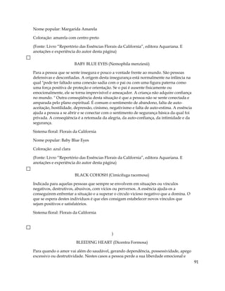 Nome popular: Margarida Amarela
Coloração: amarela com centro preto
(Fonte: Livro “Repertório das Essências Florais da California”, editora Aquariana. E
anotações e experiência do autor desta página)
BABY BLUE EYES (Nemophila menziesii)
Para a pessoa que se sente insegura e pouco a vontade frente ao mundo. São pessoas
defensivas e desconfiadas. A origem desta insegurança está normalmente na infância na
qual "pode ter faltado uma conexão sadia com o pai ou com uma figura paterna como
uma força positiva de proteção e orientação. Se o pai é ausente fisicamente ou
emocionalmente, ele se torna imprevisível e ameaçador. A criança não adquire confiança
no mundo. " Outra conseqüência desta situação é que a pessoa não se sente conectada e
amparada pelo plano espiritual. É comum o sentimento de abandono, falta de auto-
aceitação, hostilidade, depressão, cinismo, negativismo e falta de auto-estima. A essência
ajuda a pessoa a se abrir e se conectar com o sentimento de segurança básica da qual foi
privada. A conseqüência é a retomada da alegria, da auto-confiança, da intimidade e da
segurança.
Sistema floral: Florais da California
Nome popular: Baby Blue Eyes
Coloração: azul clara
(Fonte: Livro “Repertório das Essências Florais da California”, editora Aquariana. E
anotações e experiência do autor desta página)
BLACK COHOSH (Cimicifuga racemosa)
Indicada para aquelas pessoas que sempre se envolvem em situações ou vínculos
negativos, destrutivos, abusivos, com vícios ou perversos. A essência ajuda-os a
conseguirem enfrentar a situação e a superar o círculo vicioso negativo que a domina. O
que se espera destes indivíduos é que eles consigam estabelecer novos vínculos que
sejam positivos e satisfatórios.
Sistema floral: Florais da California
)
BLEEDING HEART (Dicentra Formosa)
Para quando o amor vai além do saudável, gerando dependência, possessividade, apego
excessivo ou destrutividade. Nestes casos a pessoa perde a sua liberdade emocional e
91
 