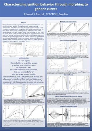 RESEARCH POSTER PRESENTATION DESIGN © 2012
www.PosterPresentations.com
The qualitative notion that ignition processes have similar behavior, even
over an extensive range of starting conditions, is quantitatively
demonstrated through the production of a single ’generic’ ignition curve.
The key to the production of the generic curve is the recognition that the
basic shapes of the species and temperature profiles occurring in the
ignition process differ only in their ’timing’. By ’morphing’ the time scale,
the profile shapes can be made to align. From the aligned profile shapes a
generic or ’average’ profile can be derived. Synchronizing chemical events
modifies the ignition progress times. In addition to fixing the ignition time
to have the progress value of one, intermediate ignition events (such as
selected profile maxima or inflection points) that occur before ignition are
also aligned to have specific ’normalized’ times.
Abstract	
  
Synchroniza@on	
  
Time	
  Devia@ons	
  from	
  Linear	
  
Mul@ple	
  Synchroniza@ons	
  
Generic	
  Curves	
  
The inherent assumption is that a given progress value, regardless of its
origin, should represent a given stage of the ignition process. In terms of
species profiles, for example, this means that a given species reaches a
maxima at the same progress value regardless of starting conditions. The
one assumption is that relatively the same mechanistic steps are involved.
Different mechanistic steps would imply another generic curve.
Edward	
  S.	
  Blurock,	
  REACTION,	
  Sweden	
  
Characterizing	
  Igni@on	
  behavior	
  through	
  morphing	
  to	
  
generic	
  curves	
  
	
  
This work exploits
the similarities of an ignition process
to produce generic ignition curves,
uniting ignition curves,
each with different starting conditions,
into one common behavior
using one single progress variable.
0 0.0005 0.001 0.0015
Ignition Process Time (s)
1000
1500
2000
2500
3000
Temperature(Kelvin)
0 0.0005 0.001
Ignition Process Time (s)
0
0.001
0.002
0.003
0.004
0.005
0.006
0.007
MassFractionofSpecies
CH2O
H2O2
HO2
CHO
0 1 2
Normalized Time (Ignition at 1.0)
1000
1500
2000
2500
3000
Temperature(Kelvin)
0.50
0.75
1.00
0 0.5 1
Normalized Time (Ignition at 1.0)
0
0.001
0.002
0.003
0.004
0.005
0.006
0.007
SpeciesMassFractions
CH2O
H2O2
HO2
CHO
0 0.2 0.4 0.6 0.8 1
Normalized Time (both with T and H2O2 max)
0
0.0005
0.001
0.0015
0.002
MassFractions
O.50
0.75
1.00
Equivalence Ratio
H2O2 Max Time Norm
0 0.2 0.4 0.6 0.8 1
Normalized Time (with both T and H2O2 Max)
0
0.2
0.4
0.6
0.8
1
NormalizedMassFraction
0.50
0.75
1.00
Equivalence Ratio
All	
  ﬁgures	
  show	
  a	
  range	
  of	
  condi/ons,	
  with	
  3	
  star/ng	
  temperatures	
  (1200,	
  1250,	
  1300	
  Kelvin),	
  two	
  
star/ng	
  pressures	
  (1,11	
  atm)	
  and	
  three	
  diﬀerent	
  equivalence	
  ra/os	
  (0.50,	
  0.75,	
  1.00.	
  The	
  ﬁrst	
  is	
  a	
  plot	
  of	
  
the	
  H2O2	
  with	
  a	
  /me	
  normaliza/on	
  at	
  both	
  the	
  maximum	
  of	
  the	
  H2O2	
  mole	
  frac/on	
  (derived	
  from	
  the	
  
average	
  of	
  the	
  set,	
  0.745)	
  and	
  at	
  the	
  igni/on	
  /me	
  (1.0).The	
  second	
  is	
  with	
  the	
  H2O2	
  maximum	
  
normalized	
  to	
  1.0.	
  
A	
  set	
  of	
  igni/on	
  curves	
  where	
  the	
  /me	
  is	
  normalized	
  to	
  be	
  at	
  the	
  point	
  of	
  igni/on.	
  The	
  ﬁrst	
  curve	
  is	
  /me	
  
versus	
  temperature	
  with	
  5	
  diﬀerent	
  star/ng	
  temperatures	
  from	
  1200	
  to	
  1300	
  and	
  three	
  diﬀerent	
  
equivalence	
  ra/os	
  (see	
  legend).	
  The	
  second	
  curve	
  shows	
  the	
  evolu/on	
  of	
  intermediate	
  species	
  at	
  ten	
  
star/ng	
  temperatures	
  between	
  1200	
  and	
  1300	
  Kelvin.	
  Only	
  values	
  several	
  (20	
  /mes	
  10{-­‐5)	
  past	
  igni/on	
  were	
  
calculated.	
  For	
  some	
  star/ng	
  condi/ons,	
  the	
  equilibrium	
  was	
  not	
  reached.	
  
0 0.2 0.4 0.6 0.8 1
Normalized Time
-0.02
-0.01
0
0.01
0.02
0.03
Deviation
0.5
0.6
0.7
0.8
0.9
1.0
0 0.2 0.4 0.6 0.8 1
Normalized Time
-0.05
0
0.05
Deviation
1200K
1210K
1220K
1230K
1240K
1250K
1260K
1270K
1280K
1290K
1300K
The	
  devia/on	
  from	
  linear	
  progression	
  based	
  only	
  on	
  igni/on	
  /me.	
  Four	
  events	
  (see	
  text)	
  were	
  chosen	
  as	
  /me	
  
normaliza/on	
  points.	
  The	
  graphs	
  show	
  the	
  devia/ons	
  along	
  the	
  normalized	
  /me	
  for	
  a	
  (le]	
  graph)	
  a	
  range	
  of	
  
temperatures,	
  1200K	
  to	
  1300K	
  (1	
  atmosphere	
  pressure	
  and	
  equivalence	
  ra/o	
  of	
  1.0),	
  and	
  (right	
  graph)	
  a	
  range	
  of	
  
equivalence	
  ra/os,	
  0.5	
  to	
  1.0	
  (Temperature	
  130	
  and	
  pressure	
  1	
  atmosphere).}	
  
0 0.2 0.4 0.6 0.8 1
Temperature Normalized Progress
0
0.2
0.4
0.6
0.8
1
CH2
ONormalizedtoMaximum
0.50
0.75
1.00
0 0.2 0.4 0.6 0.8 1
Time Normalized (T, H2O2 Max)
0
0.2
0.4
0.6
0.8
1
NormalizedtoMaximum
0.50
0.75
1.00
0 0.2 0.4 0.6 0.8 1
Time Normalized (T, H2O2 Max, CH2O Max)
0
0.2
0.4
0.6
0.8
1
NormalizedtoMaximum
0.50
0.75
1.00
1 atm
11 atm
The	
  eﬀect	
  of	
  progression	
  of	
  /me	
  normaliza/on	
  on	
  the	
  maximum	
  normalized	
  mass	
  frac/on	
  curves	
  of	
  CH2O	
  are	
  
shown.	
  	
  With	
  each	
  addi/onal	
  normaliza/on,	
  the	
  spread	
  of	
  curves	
  diminishes.	
  From	
  just	
  igni/on	
  /me	
  (le]),	
  adding	
  
H2O2	
  maximum	
  (center),	
  to	
  adding	
  both	
  H2O2	
  and	
  HO2	
  maximum	
  (right).	
  	
  All	
  ﬁgures	
  show	
  a	
  range	
  of	
  condi/ons,	
  
with	
  3	
  star/ng	
  temperatures	
  (1200,	
  1250,	
  1300	
  Kelvin),	
  two	
  star/ng	
  pressures	
  (1,11	
  atm)	
  and	
  three	
  diﬀerent	
  
equivalence	
  ra/os	
  (0.50,	
  0.75,	
  1.00).	
  
0 0.2 0.4 0.6 0.8 1
Normalized Time
0
0.2
0.4
0.6
0.8
1
NormalizedH2
O2
0 0.2 0.4 0.6 0.8 1
Normalized Time
0
0.2
0.4
0.6
0.8
1
NormalizedHO2
Range	
  of	
  Validity	
  and	
  the	
  Choice	
  of	
  Events	
  
A	
  single	
  generic	
  curve	
  is	
  produced	
  by	
  morphing	
  the	
  individual	
  curves	
  to	
  coincide	
  at	
  speciﬁed	
  sequen/al	
  chemical	
  
events.	
  This	
  is	
  a	
  mathema/cal	
  descrip/on	
  of	
  the	
  statement	
  that	
  the	
  set	
  of	
  igni/on	
  curves	
  have	
  the	
  same	
  
mechanis/c	
  chemistry.	
  A	
  combus/on	
  process	
  undergoing	
  a	
  diﬀerent	
  set	
  of	
  mechanis/c	
  events	
  should	
  be	
  
described	
  by	
  a	
  diﬀerent	
  generic	
  curve.	
  In	
  this	
  formula/on	
  a	
  diﬀerent	
  set	
  of	
  mechanis/c	
  events	
  is	
  deﬁned	
  as	
  being	
  
a	
  set	
  of	
  curves	
  in	
  which	
  the	
  set	
  of	
  chemical	
  events	
  occur	
  and	
  occur	
  in	
  the	
  same	
  order.	
  This	
  can	
  be	
  used	
  as	
  a	
  
criteria	
  for	
  diﬀeren/a/ng	
  combus/on	
  events	
  with	
  diﬀerent	
  mechanis/c	
  steps.	
  A	
  complete	
  descrip/on	
  of	
  a	
  
combus/on	
  process	
  over	
  the	
  complete	
  set	
  of	
  ranges	
  would	
  be	
  described	
  by	
  a	
  set	
  of	
  generic	
  curves.	
  
0 0.2 0.4 0.6 0.8 1
Normalized Time
-0.2
-0.1
0
0.1
0.2
DifferenceFromAverage
0 0.2 0.4 0.6 0.8 1
Normalized Time
-0.02
-0.01
0
0.01
0.02
0.03
DifferenceFromPiecewisePolynomial
The	
  le]	
  plot	
  shows	
  the	
  diﬀerence	
  between	
  the	
  average	
  generic	
  curve	
  and	
  the	
  actual	
  curves	
  of	
  the	
  individual	
  
star/ng	
  condi/ons.	
  The	
  le]	
  plot	
  shows	
  diﬀerences	
  between	
  the	
  piecewise	
  second	
  degree	
  polynomial	
  
approxima/on	
  of	
  the	
  curve	
  diﬀerences.	
  The	
  solid	
  lines	
  denote	
  minimum	
  and	
  maximum	
  values	
  and	
  the	
  doaed	
  
lines	
  between	
  are	
  the	
  diﬀerence	
  values.	
  
Towards	
  Parameteriza@on	
  
Average,	
  maximum	
  and	
  minimum	
  value	
  plots	
  of	
  HO2	
  (le])	
  and	
  H2O2	
  (right)	
  under	
  a	
  wider	
  range	
  of	
  pressures	
  
(1,11,21,31	
  atms),	
  temperatures	
  (1200-­‐1300K	
  at	
  10K	
  intervals)	
  and	
  equivalence	
  ra/os	
  (0.5,0.75	
  and	
  1.00)	
  are	
  
shown.	
  The	
  solid	
  lines	
  are	
  /me	
  normalized	
  with	
  four	
  ﬁxed	
  points,	
  including	
  igni/on	
  /me	
  and	
  the	
  doaed	
  lines	
  is	
  
normalized	
  /me	
  with	
  respect	
  to	
  just	
  igni/on	
  /me.	
  
0.5 0.6 0.7 0.8 0.9 1
Equivalence Ratio
-0.02
-0.01
0
0.01
0.02
0.03
Deviation
0.77
0.21
0.86
0.94
1200 1220 1240 1260 1280 1300
Starting Temperature
-0.05
0
0.05
Deviation
0.23
0.78
0.88
0.93
The	
  devia/on	
  from	
  linear	
  progression	
  based	
  only	
  on	
  igni/on	
  /me.	
  Four	
  events	
  (see	
  text)	
  were	
  chosen	
  as	
  /me	
  
normaliza/on	
  points.	
  The	
  graphs	
  show	
  the	
  devia/ons	
  along	
  the	
  normalized	
  /me	
  for	
  a	
  (le]	
  graph)	
  a	
  range	
  of	
  
temperatures,	
  1200K	
  to	
  1300K	
  (1	
  atmosphere	
  pressure	
  and	
  equivalence	
  ra/o	
  of	
  1.0),	
  and	
  (right	
  graph)	
  a	
  range	
  of	
  
equivalence	
  ra/os,	
  0.5	
  to	
  1.0	
  (Temperature	
  1300	
  and	
  pressure	
  1	
  atmosphere).	
  
 