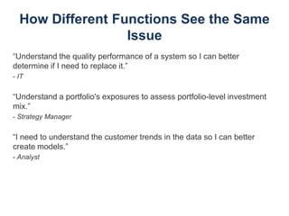 How Different Functions See the Same
Issue
“Understand the quality performance of a system so I can better
determine if I ...