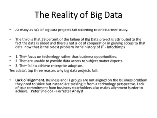 The Reality of Big Data
•

As many as 3/4 of big data projects fail according to one Gartner study.

•

The third is that ...