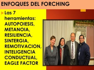 ENFOQUES DEL FORCHING
Las 7
herramientas:
AUTOPOIESIS,
METANOIA,
RESILIENCIA,
SINTERGIA,
REMOTIVACION,
INTELIGENCIA
CONDUCTUAL,
EAGLE FACTOR
 