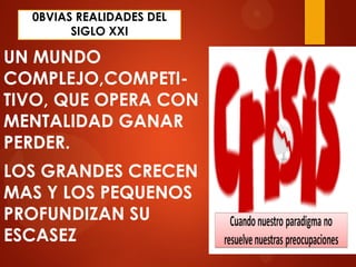 0BVIAS REALIDADES DEL
SIGLO XXI
UN MUNDO
COMPLEJO,COMPETI-
TIVO, QUE OPERA CON
MENTALIDAD GANAR
PERDER.
LOS GRANDES CRECEN
MAS Y LOS PEQUENOS
PROFUNDIZAN SU
ESCASEZ
 