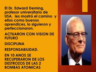  El Dr. Edward Deming,
profesor universitario de
USA, les mostró el camino y
ellos como buenos
aprendices, lo siguieron y
perfeccionaron.
 ACTUARON CON VISION DE
FUTURO
 DISCIPLINA
 RESPONSABILIDAD.
 EN 10 ANOS SE
RECUPERARON DE LOS
DESTROZOS DE LAS 2
BOMBAS ATOMICAS
 
