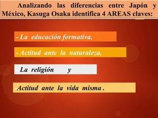 Analizando las diferencias entre Japón y
México, Kasuga Osaka identifica 4 AREAS claves:
-Actitud ante la vida misma .
- La educación formativa,
- Actitud ante la naturaleza,
- La religión y
 