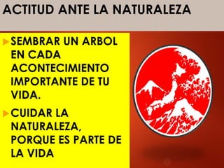 ACTITUD ANTE LA NATURALEZA
SEMBRAR UN ARBOL
EN CADA
ACONTECIMIENTO
IMPORTANTE DE TU
VIDA.
CUIDAR LA
NATURALEZA,
PORQUE ES PARTE DE
LA VIDA
 