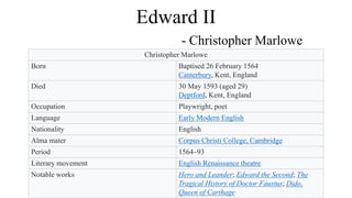 Edward II
- Christopher Marlowe
Author Introduction
Christopher Marlowe
Born Baptised 26 February 1564
Canterbury, Kent, England
Died 30 May 1593 (aged 29)
Deptford, Kent, England
Occupation Playwright, poet
Language Early Modern English
Nationality English
Alma mater Corpus Christi College, Cambridge
Period 1564–93
Literary movement English Renaissance theatre
Notable works Hero and Leander; Edward the Second; The
Tragical History of Doctor Faustus; Dido,
Queen of Carthage
 