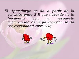 El Aprendizaje se da a partir de la conexión entre E-R que depende de la frecuencia con la respuesta acompañada del E (la conexión se da por contigüidad entre E-R)