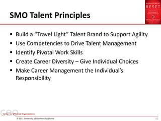 SMO Talent Principles

   Build a “Travel Light” Talent Brand to Support Agility
   Use Competencies to Drive Talent Management
   Identify Pivotal Work Skills
   Create Career Diversity – Give Individual Choices
   Make Career Management the Individual’s
    Responsibility




    © 2011 University of Southern California                 10
 