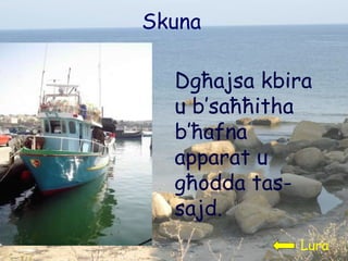 Skuna Dgħajsa kbira u b’saħħitha b’ħafna apparat u għodda tas-sajd.  Lura 
