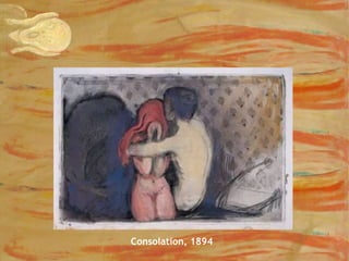 "Caminaba yo con dos amigos por la carretera, entonces se puso el sol; de repente, el cielo se volvió rojo como la sangre. me detuve, me apoyé en la valla, indeciblemente cansado. lenguas de fuego y sangre se extendían sobre el fiordo negro azulado. Mis amigos siguieron caminando, mientras yo me quedaba atrás temblando de miedo, y sentí el grito enorme, infinito, de la naturaleza".“El grito”(1893)