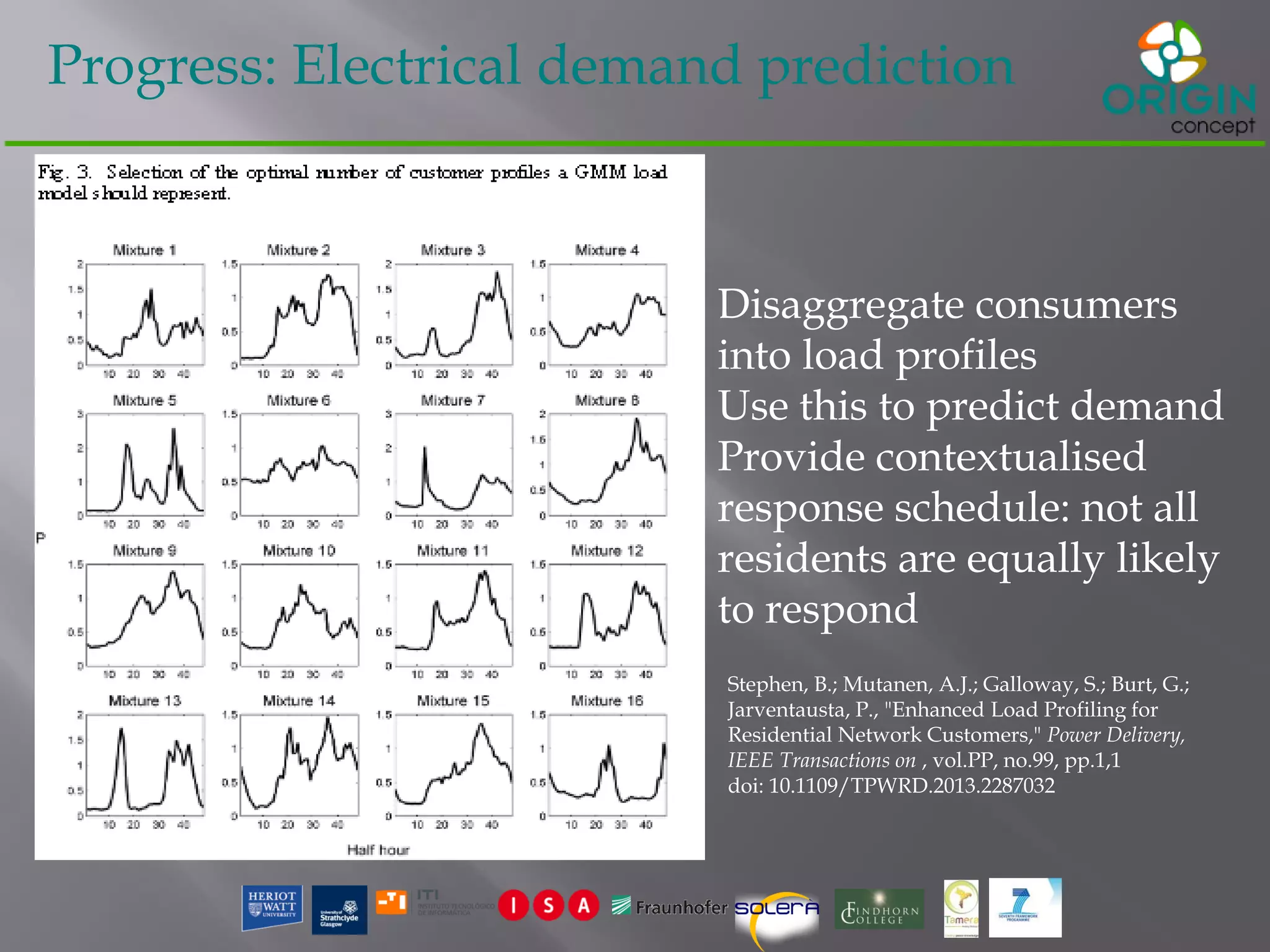 Progress: Electrical demand prediction
Stephen, B.; Mutanen, A.J.; Galloway, S.; Burt, G.;
Jarventausta, P., "Enhanced Load Profiling for
Residential Network Customers," Power Delivery,
IEEE Transactions on , vol.PP, no.99, pp.1,1
doi: 10.1109/TPWRD.2013.2287032
• Disaggregate consumers
into load profiles
• Use this to predict demand
• Provide contextualised
response schedule: not all
residents are equally likely
to respond
 
